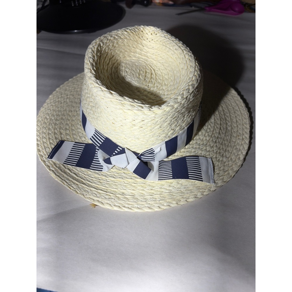 Sun N Sand Women Straw Boater Hat UPF 50+ Navy White Striped Ribbon Cream Woven